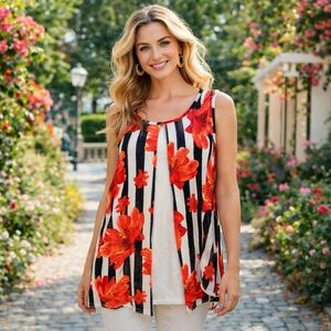 Papa Vancouver Floral Striped Sleeveless Tunic Top Red Black White Lightweight